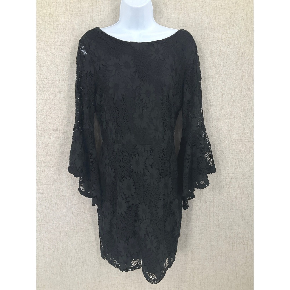 Lulus Lace Dress Womens L Black Bell Sleeve Floral V-Back‎ Mini Whimsigoth Goth